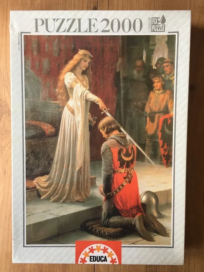 A queen knighting a kneeling knight in a medieval hall