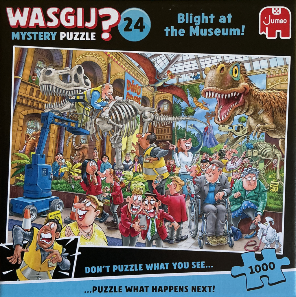 A comedic cartoon illustration of a chaotic scene inside a natural history museum filled with dinosaur skeletons and visitors