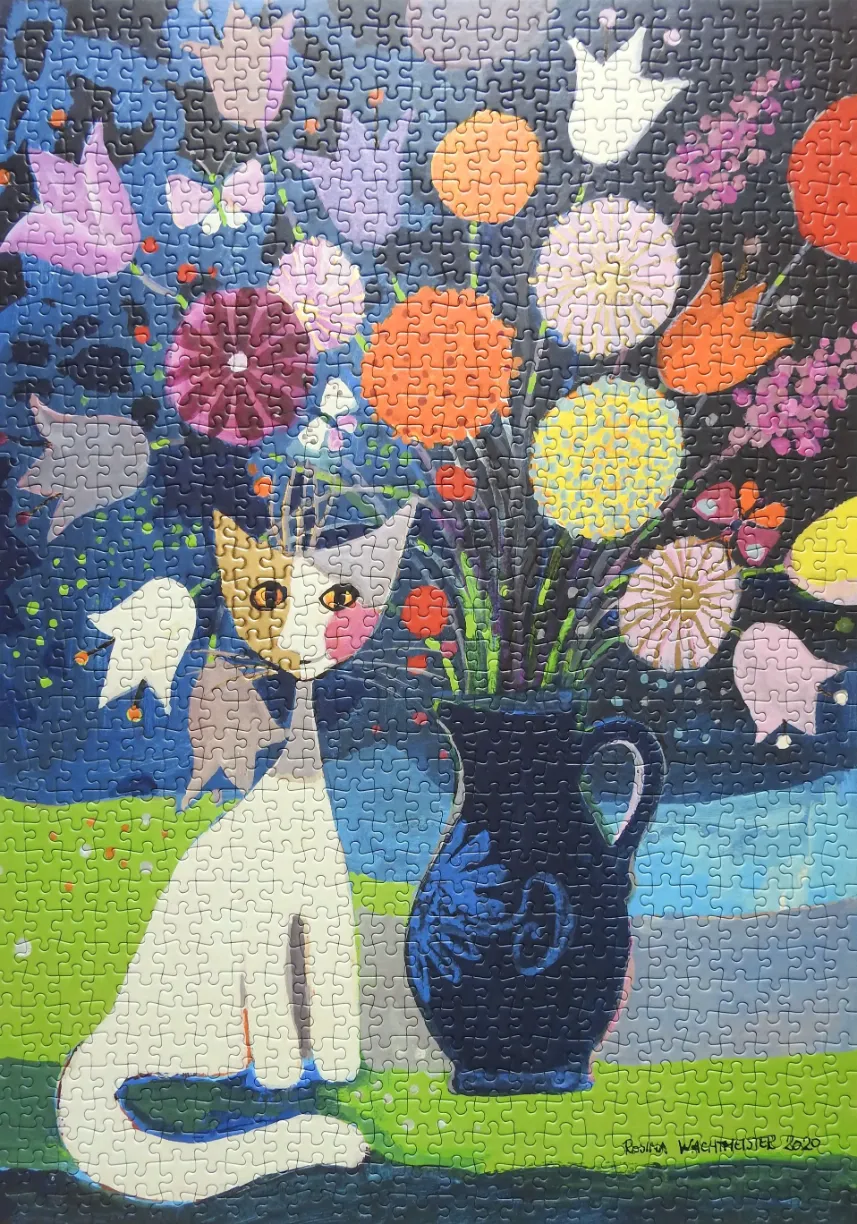 Stylized painting of a white cat sitting beside a dark blue pitcher filled with bright, whimsical flowers.