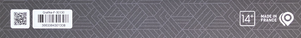 Dark grey geometric pattern with QR code, barcode, "14+" and "Made in France" icons.