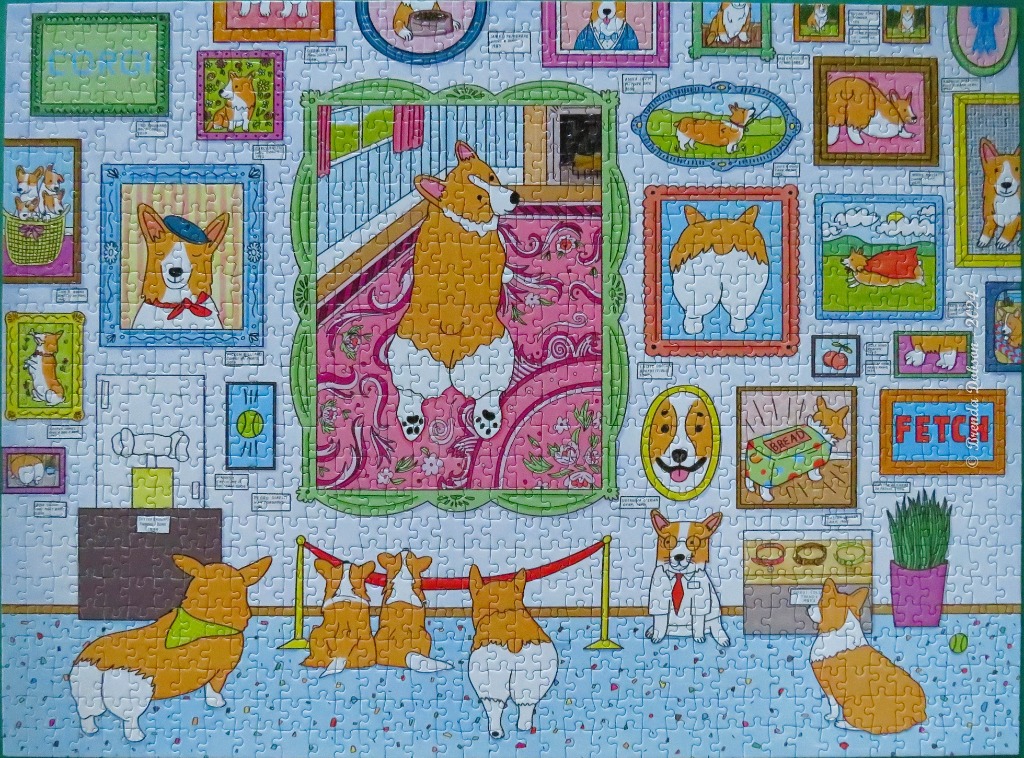 A whimsical art gallery filled with portraits of Corgis, featuring Corgi visitors observing the exhibits.