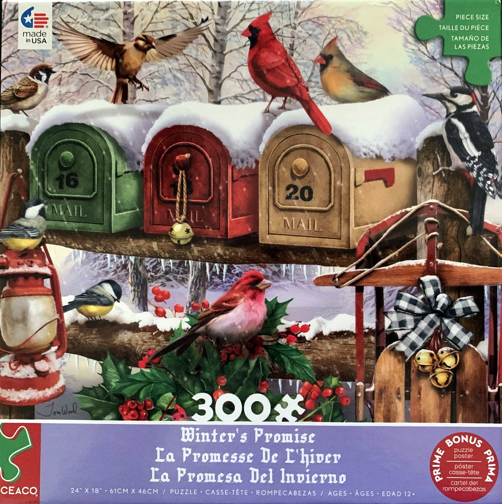 A winter scene featuring three colorful mailboxes, a rustic wooden sled, and various birds perched in a snowy landscape.
