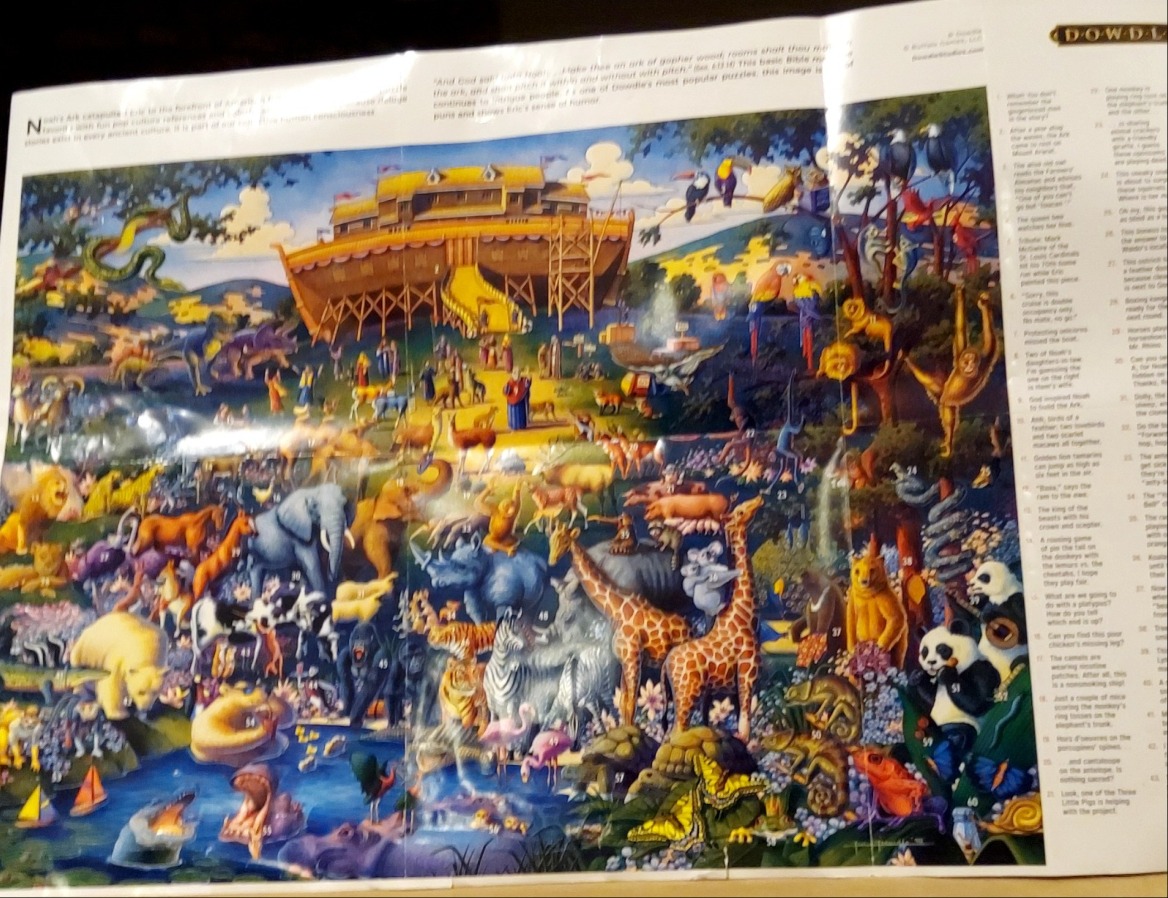 A whimsical illustration of Noah's Ark crowded with a wide variety of animals and humorous, busy details.