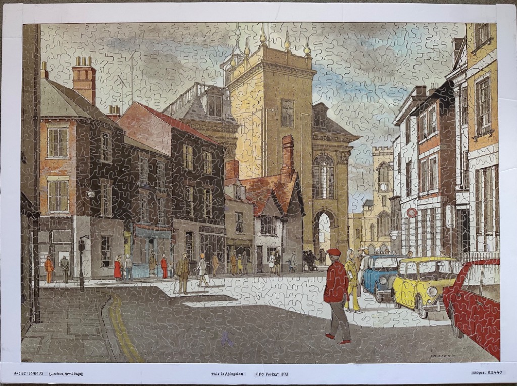A vintage illustration of a town square in Abingdon featuring period architecture, a large stone tower, and cars.