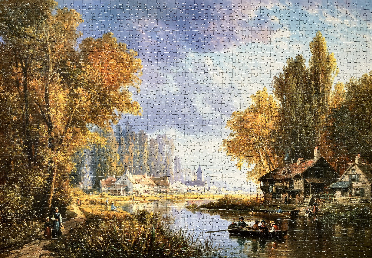 An oil painting of an autumnal river village scene with cottages, trees, and small boats on the water.