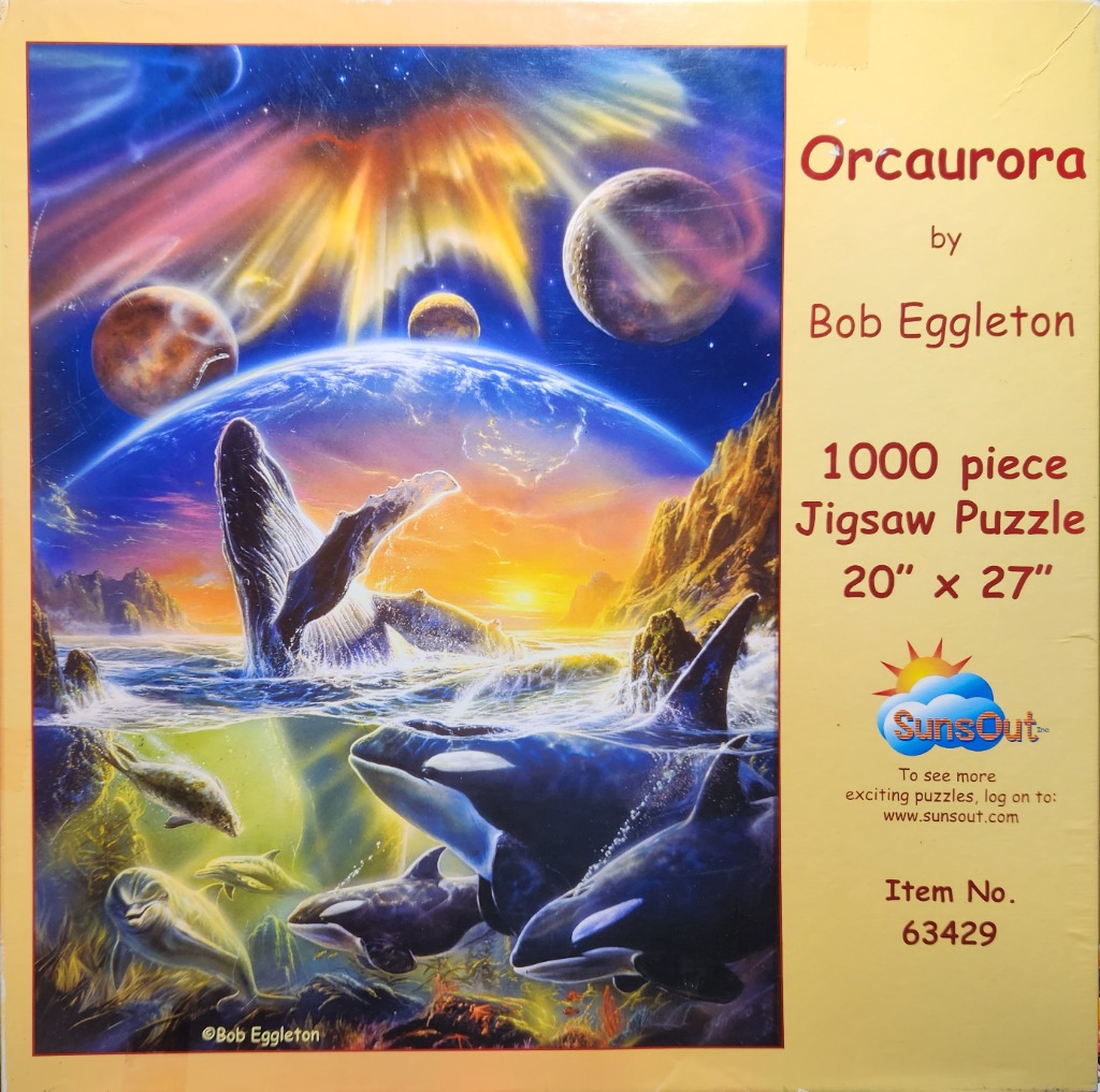 A fantasy illustration of orcas and a humpback whale in a surreal ocean beneath a cosmic sky with planets and an aurora.