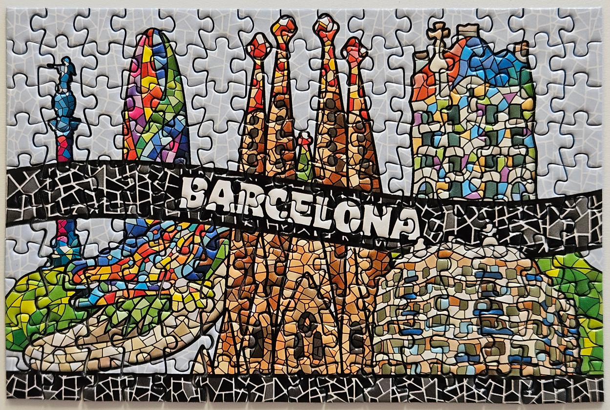 A mosaic-style illustration of Barcelona landmarks including the Sagrada Familia against a light grey background.