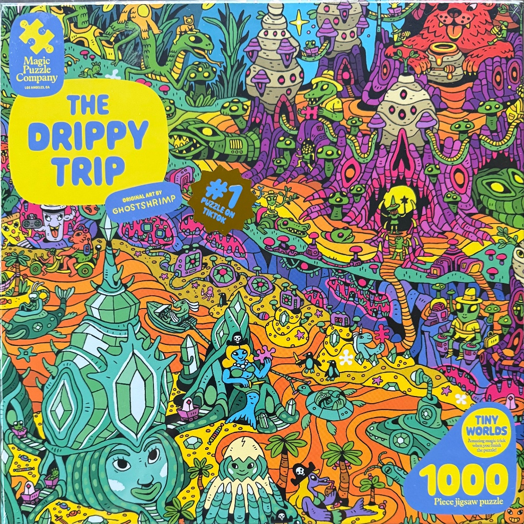 Surreal cartoon illustration of a vibrant, psychedelic landscape filled with strange creatures, mushrooms, and crystals.