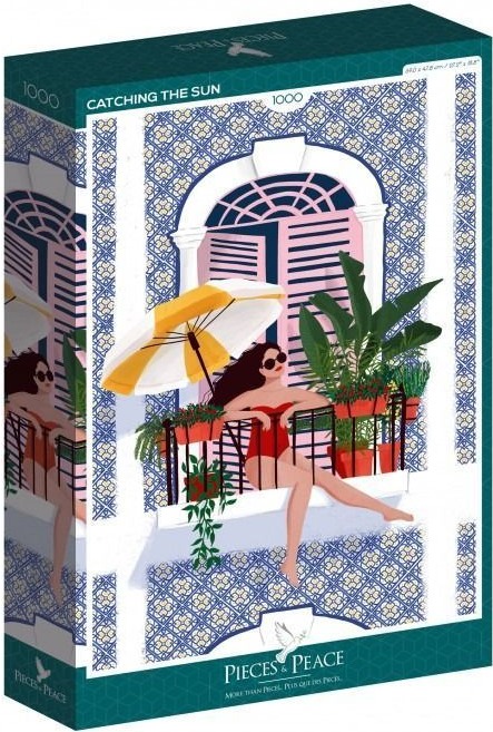 A digital illustration of a woman in a red swimsuit relaxing on a balcony with potted plants under a yellow umbrella.