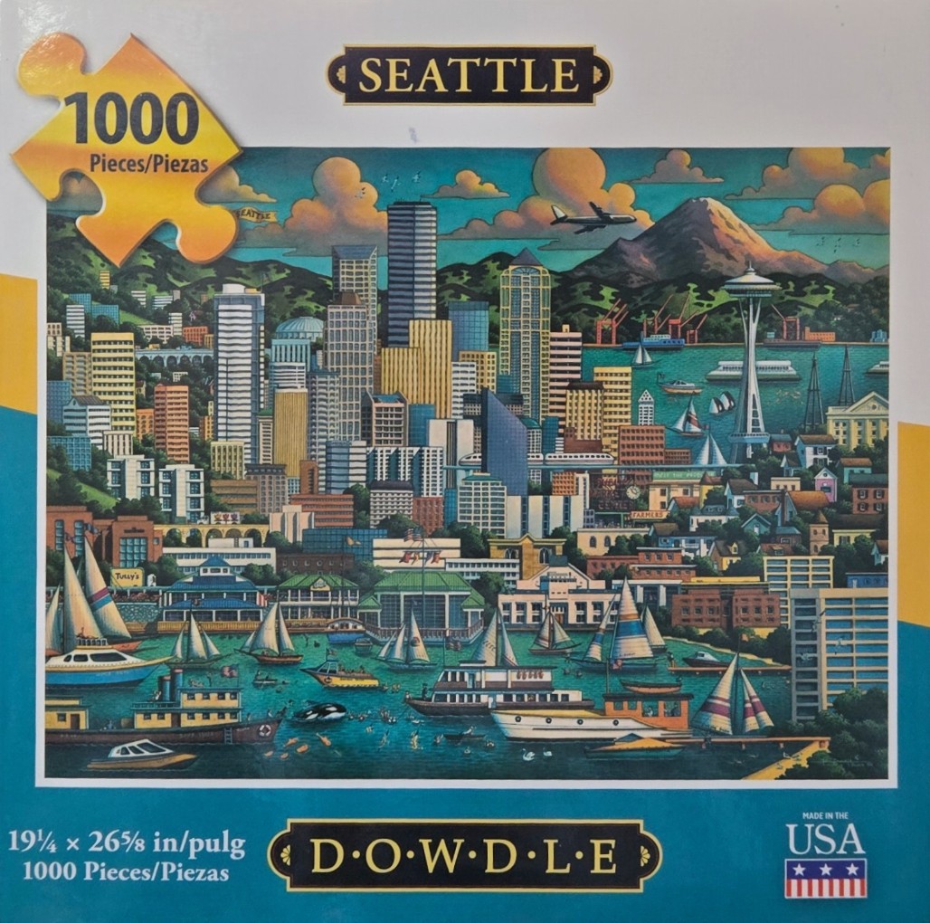 A whimsical folk-art style illustration of the Seattle skyline with sailboats in the foreground.