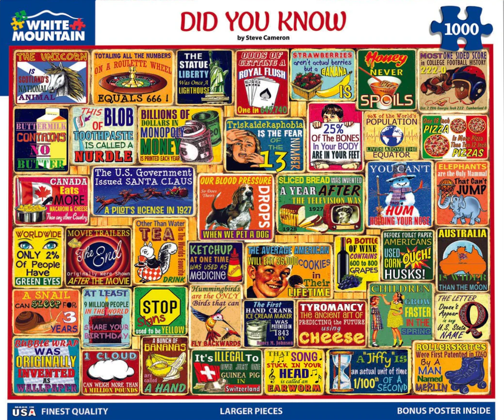 A collage of vintage-style signs featuring fun facts and trivia with colorful illustrations.