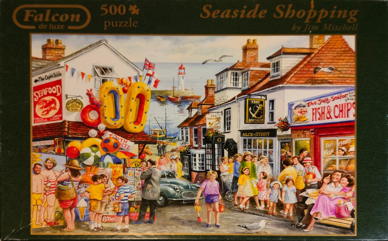 A nostalgic seaside street scene with shops, vacationers, and a harbor in the background, illustrated in a classic style.