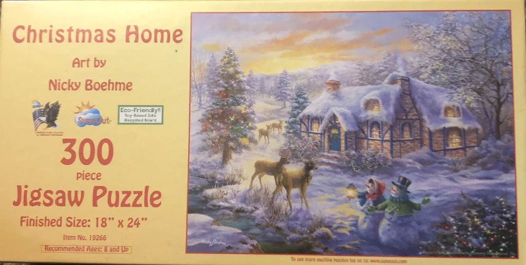 A snow-covered cottage scene with deer and snowmen at twilight.