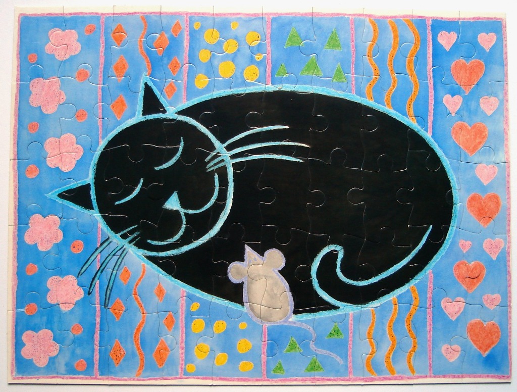 An illustration of a large sleeping black cat with a tiny grey mouse, set against a background of vertical patterned panels.