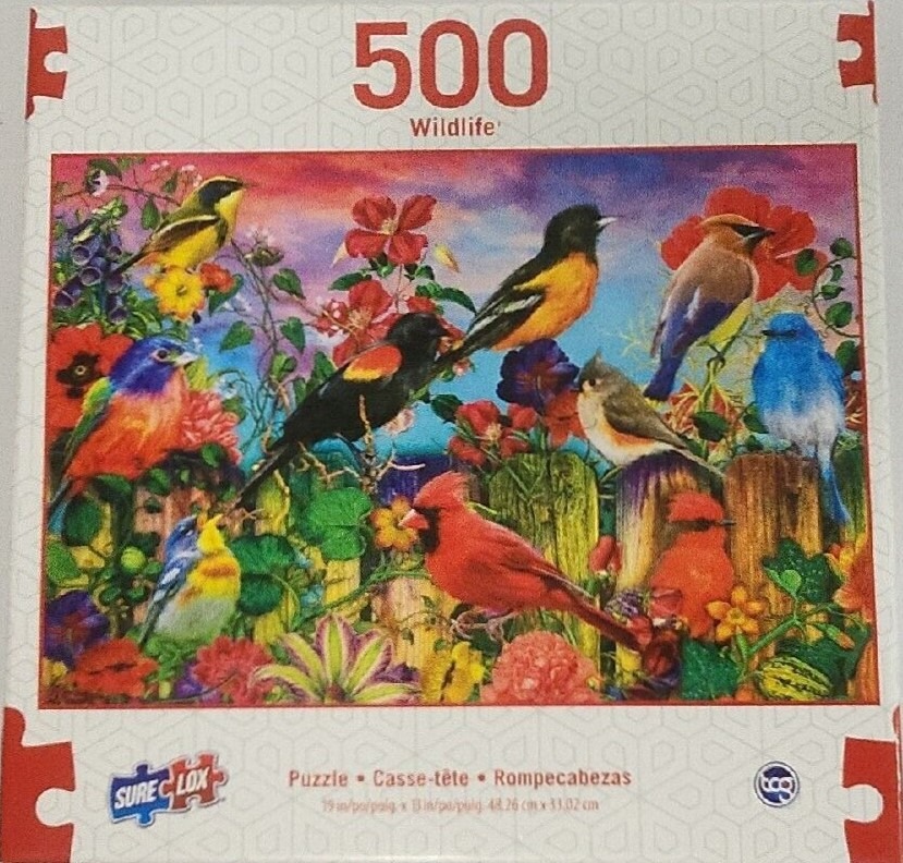 A vibrant illustration of various songbirds perched on a rustic wooden fence surrounded by colorful flowers and greenery.