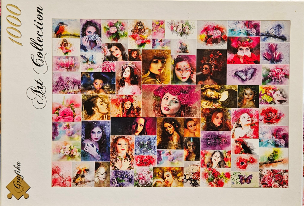 A collage of watercolor-style portraits of women mixed with floral and wildlife elements in vibrant, expressive colors.