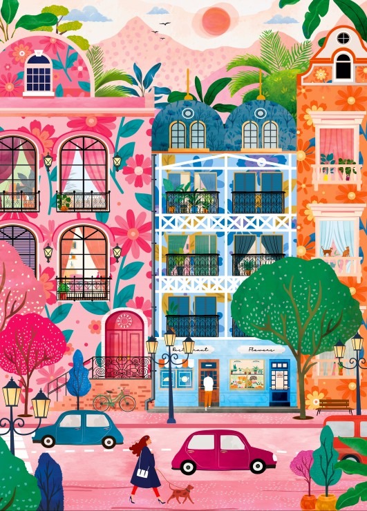 A vibrant city street with colorful, flower-patterned buildings, a walking woman with a dog, and vintage cars.