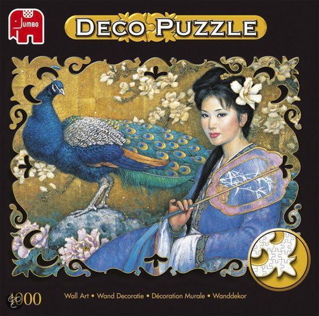 Portrait of an elegant woman in traditional East Asian style clothing posing with a peacock against a gold backdrop.
