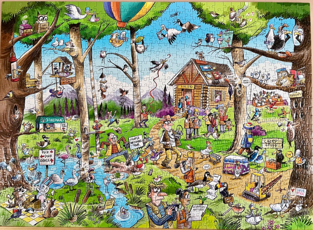 Cartoon illustration of a chaotic bird-watching tour in a vibrant forest with many whimsical bird and human characters.