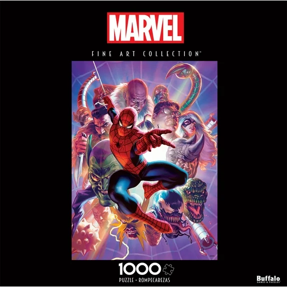 Spider-Man centered in a dynamic montage of iconic comic book villains with purple and blue glowing atmospheric lighting.