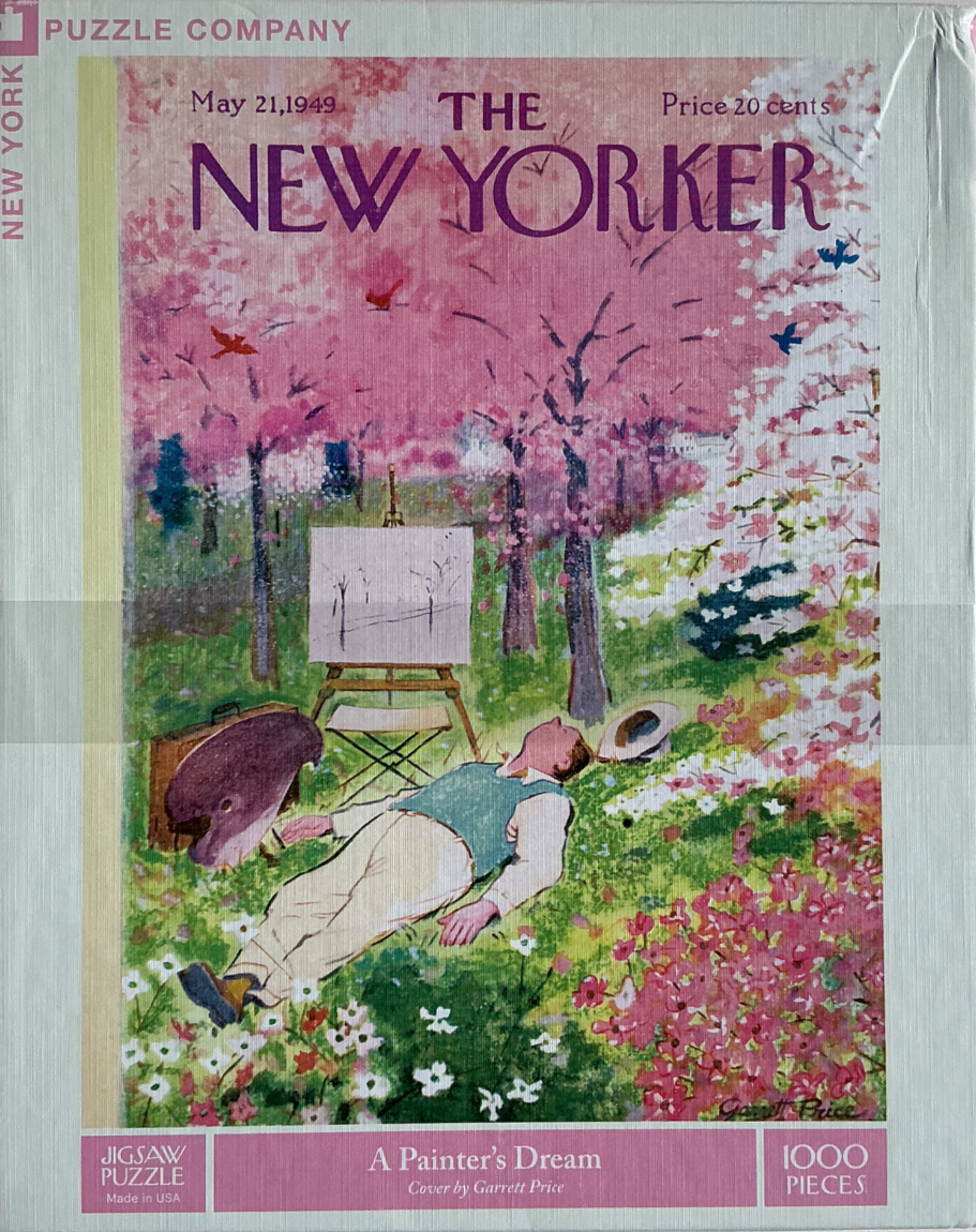 An illustration of an artist resting in a field under blooming cherry blossom trees.