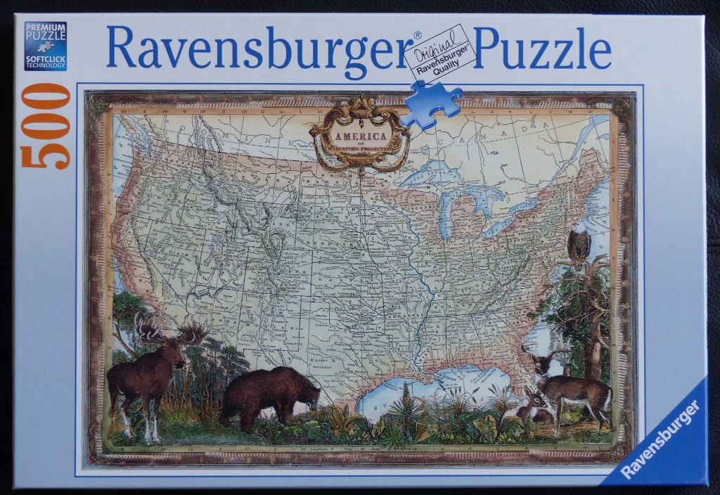 Vintage-style illustrated map of the United States featuring North American wildlife including a moose, bear, and deer.