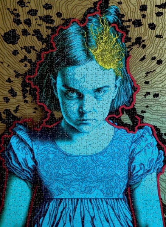 Stylized illustration of a girl with a piercing blue gaze and a glowing yellow aura against a topographical background.