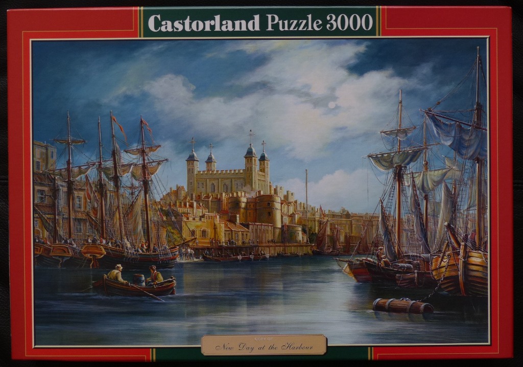 A painting of the Tower of London at a busy harbor with tall sailing ships under a cloudy sky.