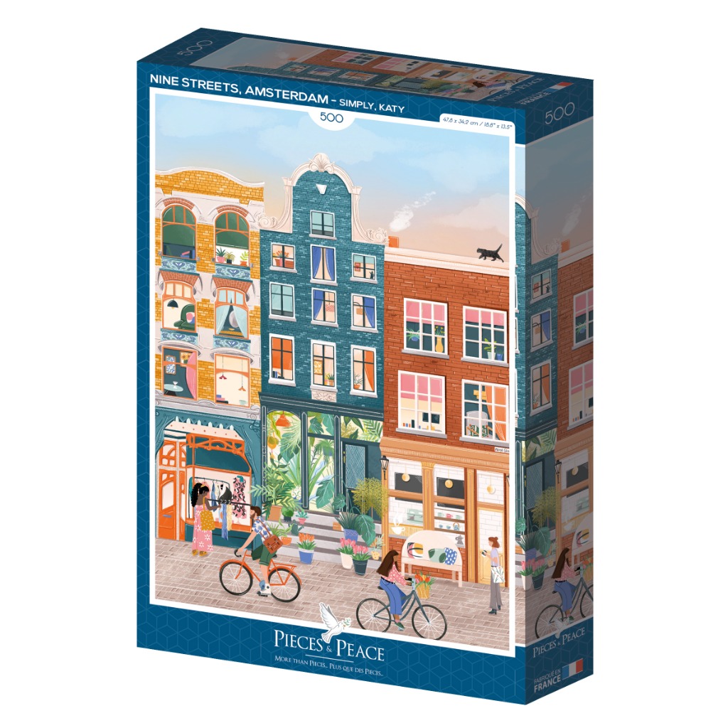 Illustrated scene of Dutch-style buildings and shops on the Nine Streets in Amsterdam with people cycling and walking.