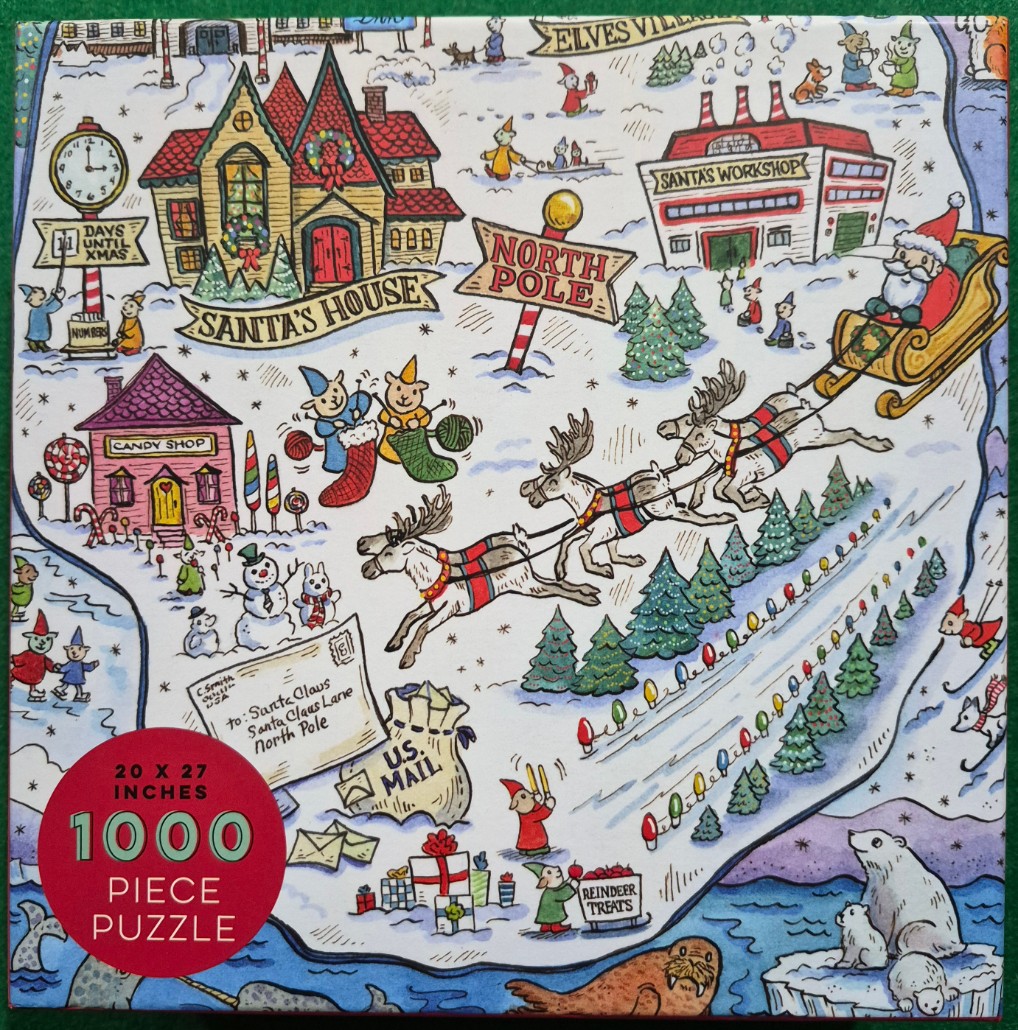 Illustrated map of the North Pole featuring Santa’s house, workshop, and a sleigh ride.