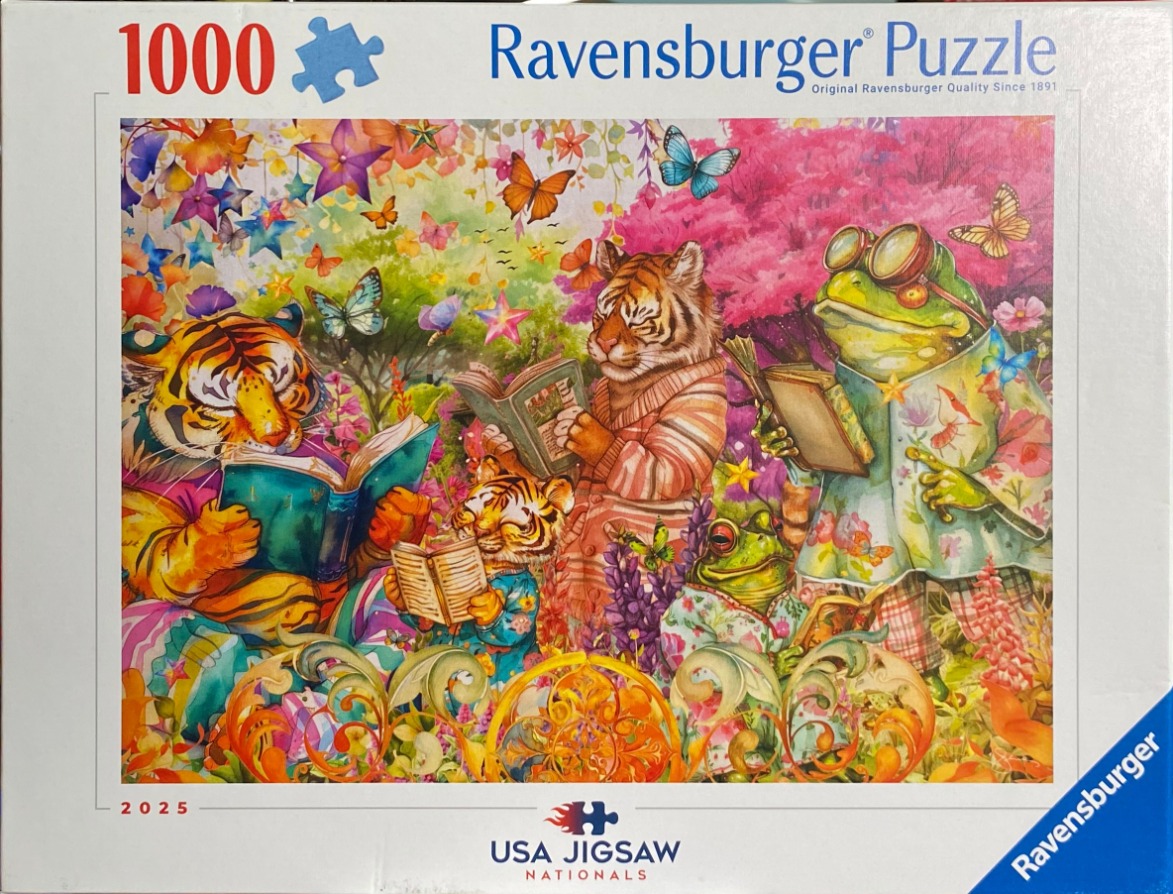 Whimsical illustration of anthropomorphic tigers and frogs reading books in a vibrant, floral garden.