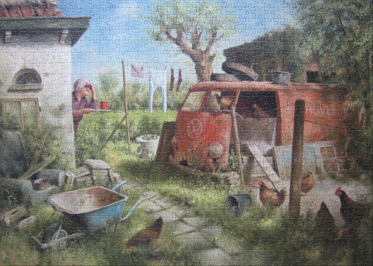 A rural backyard scene featuring an elderly person looking out of a house at a rusty vintage van surrounded by chickens.