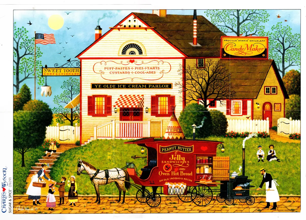 A vintage-style illustration of a rural sweet shop and a mobile peanut butter and jelly sandwich cart.