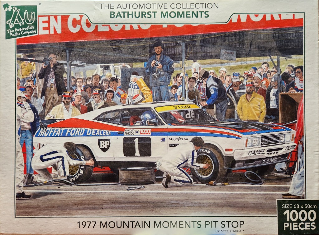 Painting of a 1977 Ford race car during a pit stop at the Bathurst track surrounded by crew and photographers.