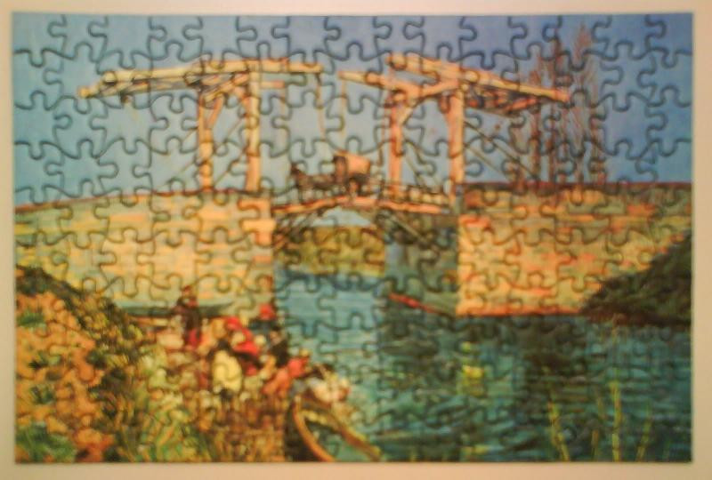 A post-impressionist painting of a drawbridge over a river with figures washing laundry on the bank.