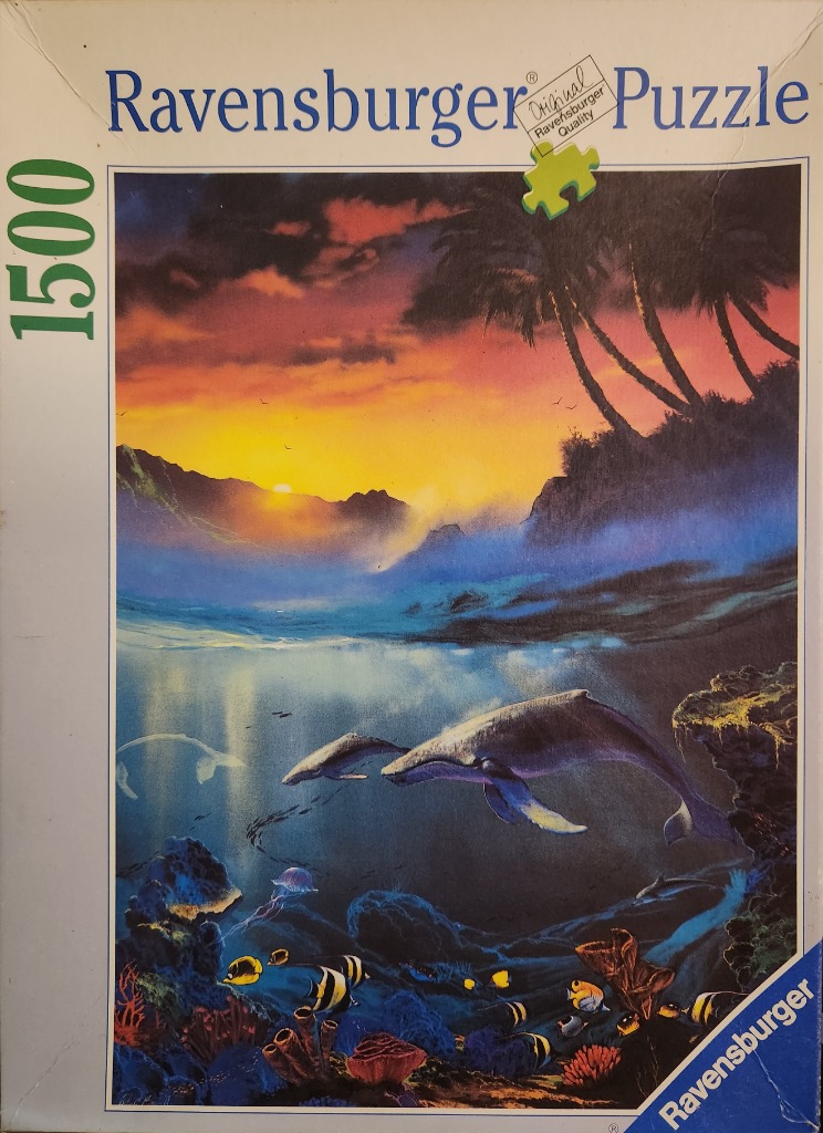 A split-view image showing a tropical sunset above the water and a whale swimming below the surface.