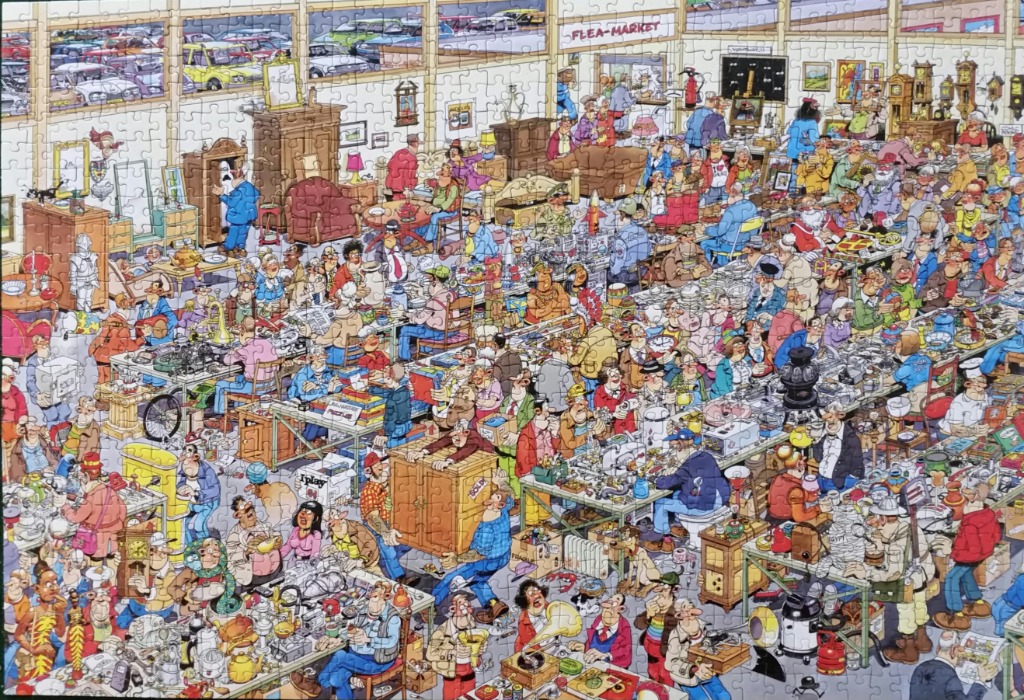 A bustling, busy illustration of a crowded flea market filled with people and antiques.