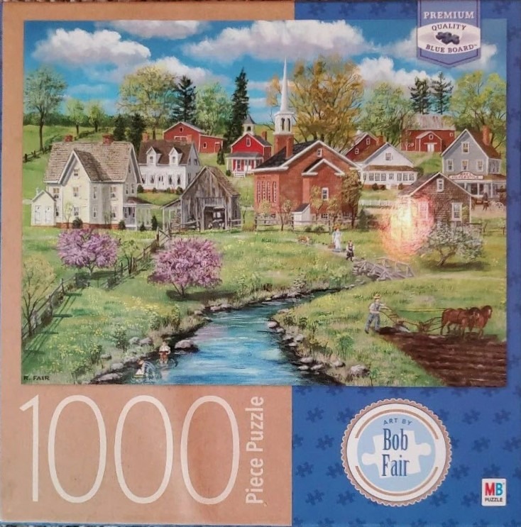 An idyllic pastoral scene featuring a rural village with houses, a church, and a farmer plowing a field.