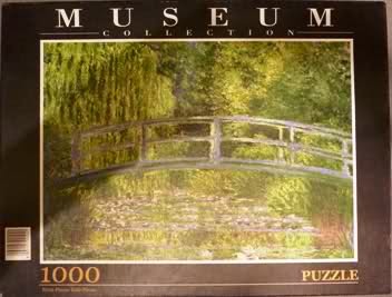Impressionist oil painting of a Japanese-style arched bridge over a lily pond surrounded by lush greenery.