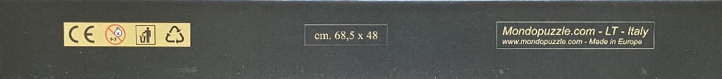 Puzzle with CE, no-choking hazard, and recycling symbols. 68.5 x 48 cm. Made in Europe.