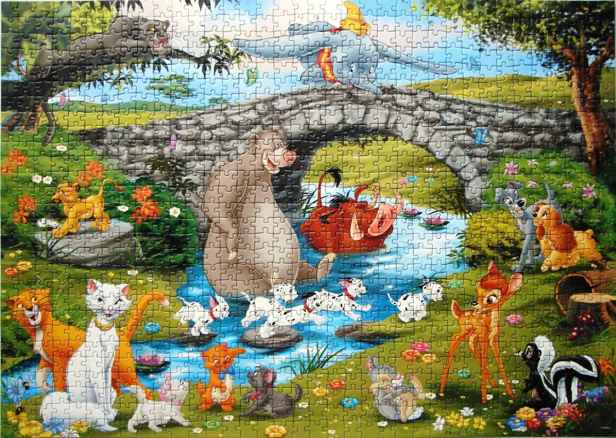 A gathering of many classic Disney characters in a sunny, idyllic meadow with a stream.