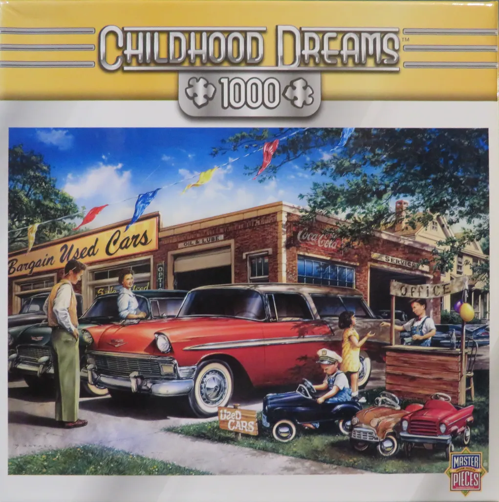 A nostalgic 1950s scene showing a family at a used car lot with a bright red station wagon and toy pedal cars.