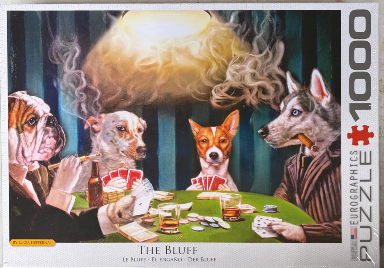 An oil painting of four anthropomorphic dogs playing a poker game in a dimly lit, smoky room.