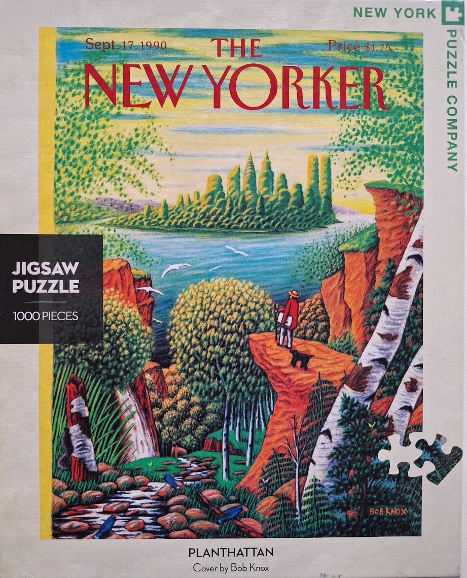 An illustration of a figure standing on a cliff overlooking a lake and an island with a stylized skyline.