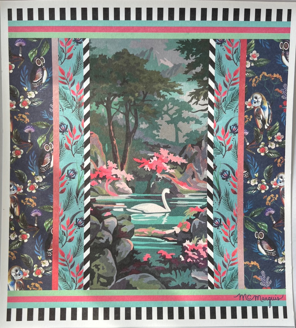 A white swan swims in a forest pond surrounded by decorative panels of owls, flowers, and geometric borders.