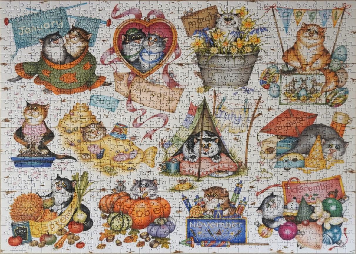 A whimsical illustration of cats celebrating each month of the year.