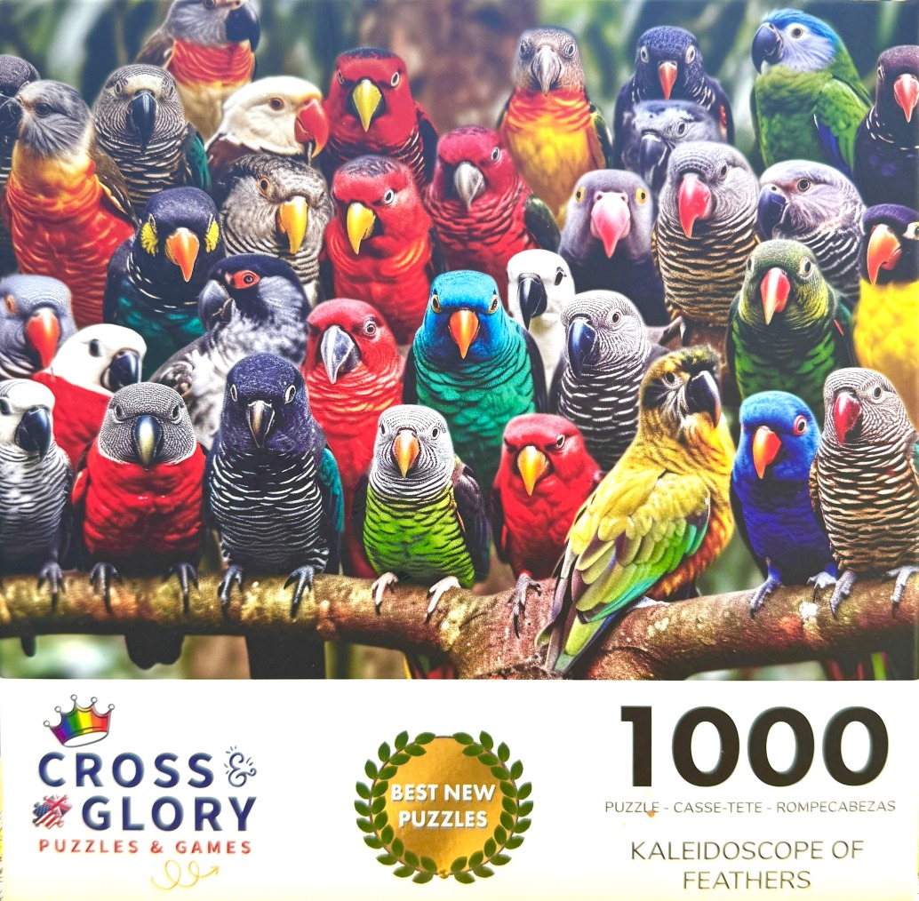 A dense crowd of diverse, colorful parrots perched on a branch, showcasing a vibrant array of feathers.