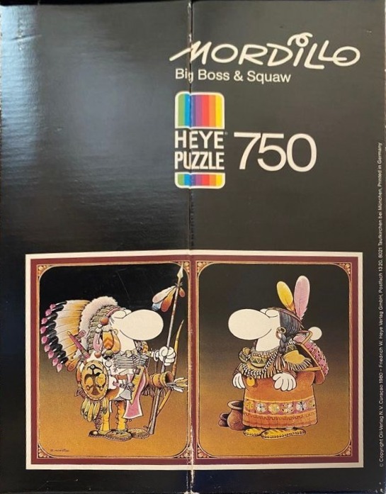 Cartoon illustration of two indigenous caricatures, one with a headdress and spear, the other with feathers.