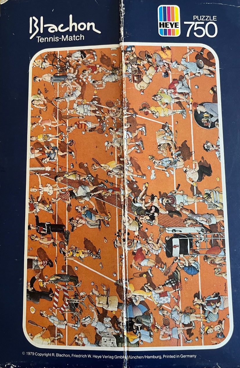 A chaotic, humorous cartoon illustration depicting a crowded tennis court filled with many people in various states of disarr