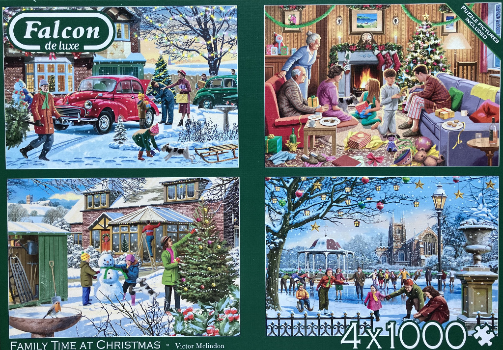 A four-panel collage illustration depicting festive winter and Christmas scenes with families and outdoor activities.